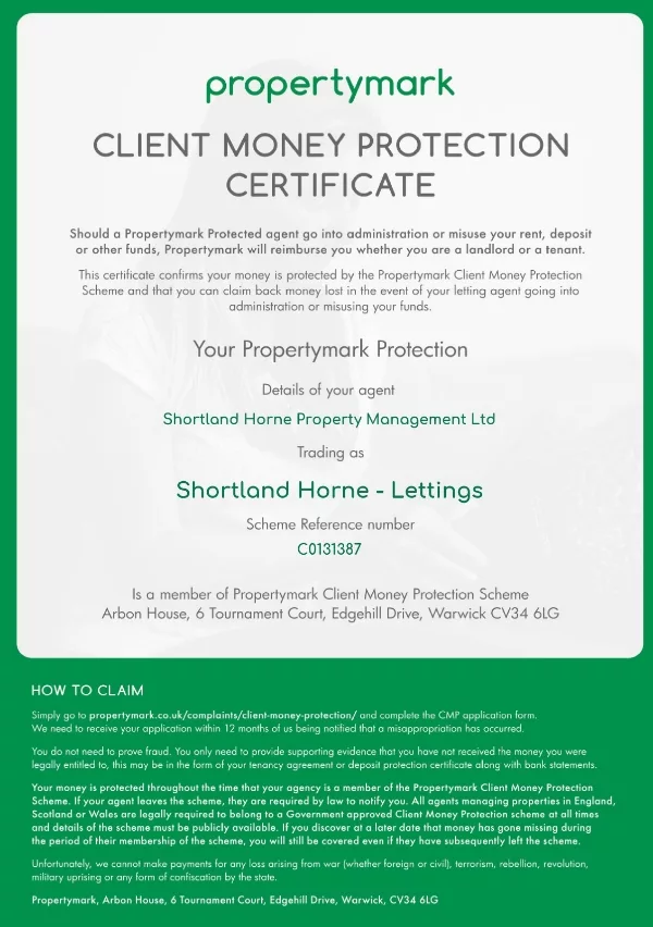 Shortland Horne Propertymark Client Money Protection